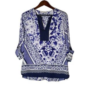 Daniel Rainn Blue White Floral V Neck Roll Tab Sleeves Tunic Blouse